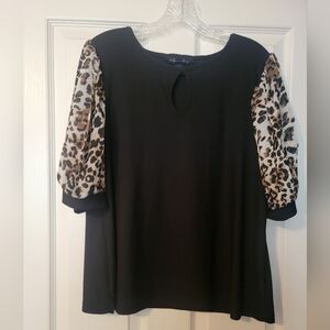 A Love Story Black Top With Leopard Print Short Puff Sleeves Size- L